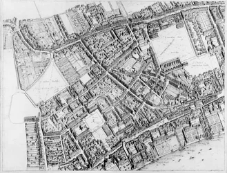 Plán z ptačí perspektivy západní centrální části Londýna, 1660-6