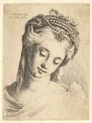 Busta mladé ženy s komplikovanou čelenkou, dívající se dolů., 1625-77.