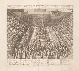 Znázornění zasedání parlamentu v Londýně o rozsudku hraběte ze Staffordu, cca 1642.