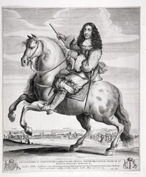 Jezdecký portrét Karla II. (1630-85) s krajinou, vydáno kolem roku 1670
