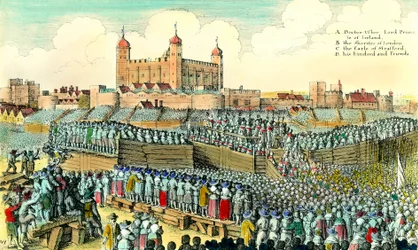 První anglická revoluce (1641-1649): poprava anglického politika Thomase Wentwortha de Strafford (1593-1641) dne 12.05.1641 na Tower Hill v Londýně. Rytina Václava Hollara (1607-1677) Soukromá sbírka ze 17. století