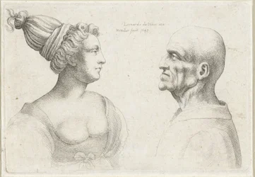 Hlavy holohlavého muže a ženy s turbany Varie figurae et probae (název série) Karikatury, hlavy a deformace po Leonardu da Vinci (název série)