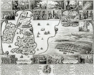 Mapa Anglie za občanské války a pohled na Prahu, 1632