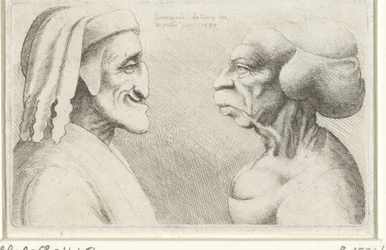 Deformované karikaturní hlavy muže s kloboukem (Dante?) a ženy Varie figurae et probae (název série) Karikatury, hlavy a deformace po Leonardu da Vinci (název série)