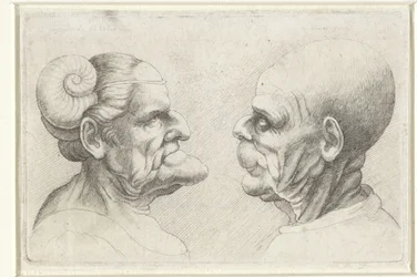 Deformované hlavy holohlavého muže a ženy s rohy na hlavě Varie figurae et probae (název série) Karikatury, hlavy a deformace po Leonardu da Vinci (název série)