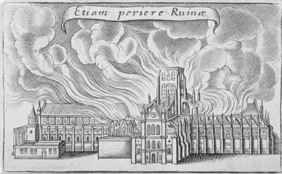 Stará katedrála svatého Pavla hořící při Velkém požáru Londýna, 1666