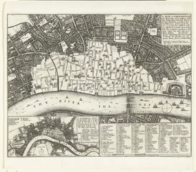 Plán Londýna po Velkém požáru roku 1666. Mapa neboli půdorys londýnského City a předměstí (...) (název na objektu)
