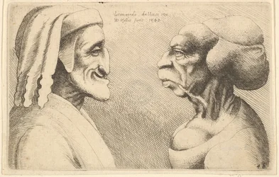 Dvě deformované hlavy, postava vlevo je možná karikatura Dante, 1645.