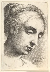Žena se šňůrou perel ve vlasech při pohledu dolů doprava, 1645.