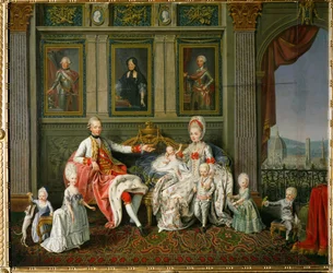 Piero Leopoldo, toskánský velkovévoda, pozdější císař Leopold II., jeho manželka Marie Ludovika, španělská infantka, a šest z jejich 16 dětí (malba na plátně)