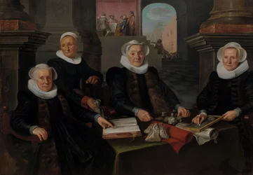 Tři regentky a „domová matka“ amsterdamského azylu malomocných Tři regentky a hospodyně z Leper-House, Amsterdam