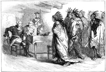 Návštěva Pontiaca a Indiánů u majora Gladwina, 1763 c1880.