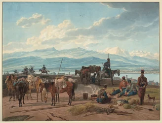 Zastavení ruských kozáků - Kobell, Wilhelm, Ritter von (1766-1853) - 1804 - Akvarel na papíře - 36,8x48,2 - Soukromá sbírka