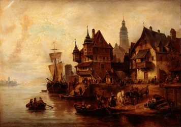 Scéna vesnice na nábřeží, William Alexander Meyerheim