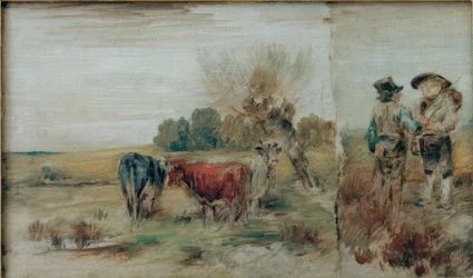 Dvojitý obraz: krávy na pastvě, dva farmáři mluví