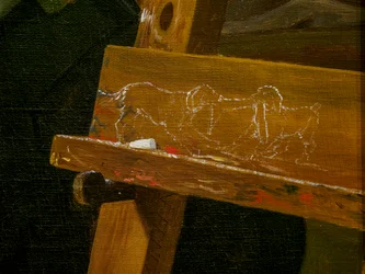 Mladý umělec (Ditlev Blunck) zkoumá skicu v zrcadle, detail