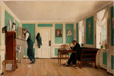 Interiér z Amaliegade, stojící kapitán Carl Ludvig Bendz a sedící Dr. Jacob Christian Bendz