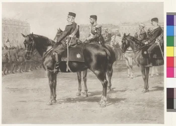 Císař František Josef I. a car Mikuláš II. na přehlídce na Champ-de-Mars v Petrohradě.