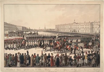 Recenze ruské pěchoty na Palácovém náměstí v Petrohradě, 1809-1813