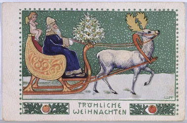 Pohlednice zobrazující otce Vánoc na jeho saních, kolem 1910