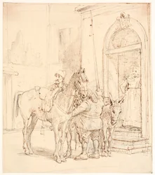 Don Quijote a Sancho Panza před tavernou