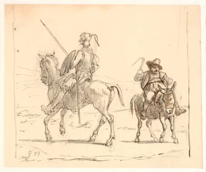Don Quijote jede vlevo, Sancho Panza vpravo