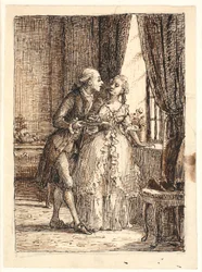 Mladý manželský pár. Korunní princ Frederik (pá. 5) jí třešně v Charlottenborgu s korunní princeznou Louise