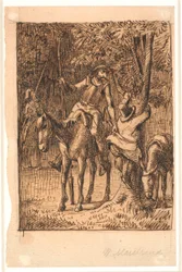 Před bojem se Zrcadlovým rytířem pomáhá Don Quijote Sanchovi Panzovi na strom