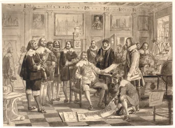 Plán burzy předkládá Chr. 4. v audienční síni v Rosenborgu