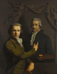 Autoportrét, ukazující na portrét umělcova zesnulého kolegy Dirka Jacobsze Ploegsmy (1769-91)