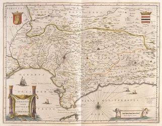 Andalusie a město Sevilla, Gibraltarský průliv, v "Theatrum Orbis Terrarum, sive Atlas Novus" Willema Blaeua, Amsterdam
