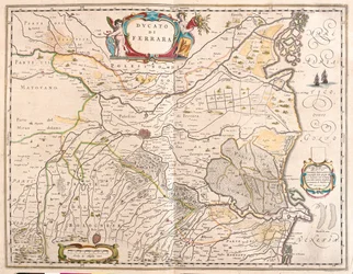 Ferrara, Itálie, v "Theatrum Orbis Terrarum, sive Atlas Novus" Willema Blaeua, Amsterdam