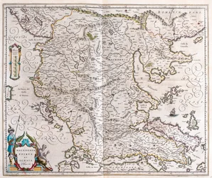 Řecko, Makedonie, Albánie, v "Theatrum Orbis Terrarum, sive Atlas Novus" Willema Blaeua, Amsterdam