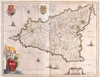 Ostrov Sicílie, Itálie, v "Theatrum Orbis Terrarum, sive Atlas Novus" Willema Blaeua, Amsterdam
