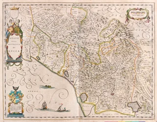 Lucca, Itálie, v "Theatrum Orbis Terrarum, sive Atlas Novus" Willema Blaeua, Amsterdam