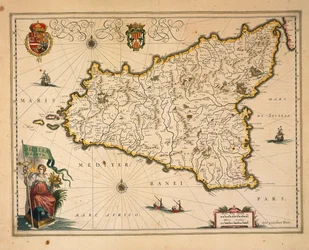 Mapa Sicílie, Willem Blaeu, z Regionum Italiae, rytina