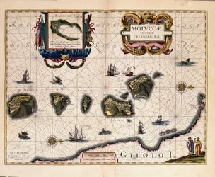 Mapa souostroví Molucca východně od Indonésie. (rytina