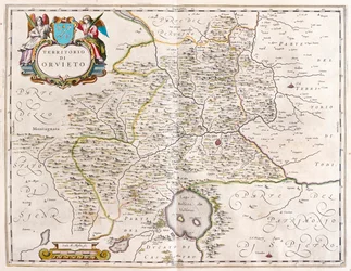 Orvieto, jezero Bolsena, Itálie, v "Theatrum Orbis Terrarum, sive Atlas Novus" Willema Blaeua, Amsterdam
