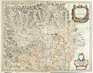 Piemont, údolí Aosta a Ligurie, Itálie, v "Theatrum Orbis Terrarum, sive Atlas Novus" Willema Blaeua, Amsterdam