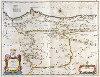 Španělská provincie Asturias, Kastilie a Léon, včetně měst Oviedo, León, Santander, Valladolid, v "Theatrum Orbis Terrarum, sive Atlas Novus" Willema Blaeua, Amsterdam.
