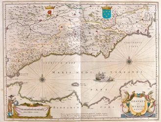 od Gibraltarského průlivu po Alicante až po údolí Guagalquiviru a Sevillu a pobřeží severní Afriky, v "Theatrum Orbis Terrarum, sive Atlas Novus" Willema Blaeua, Amsterdam.