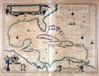 Karibské moře: Mexický záliv a Karibské moře z Atlasu Wilhelma Blaeua