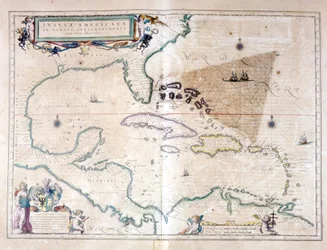 Karibské moře: můžete vidět Bermudský trojúhelník mezi Bermudským souostrovím, Miami a Portorikem. Podle Atlasu Wilhelma Blaeua
