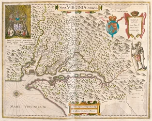 Virginie a oblast Chesapeake, v "Theatrum Orbis Terrarum, sive Atlas Novus" Willema Blaeua, Amsterdam.