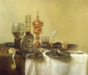 Zátiší se sklenicemi, talíři a jídlem, 1638