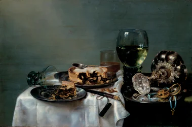 Snídaňový stůl s ostružinovým koláčem, obraz Willema Claesze Hedy (1594-1680), 1631, rozměry 54 x 82 cm, Drážďanské státní umělecké sbírky, Drážďany