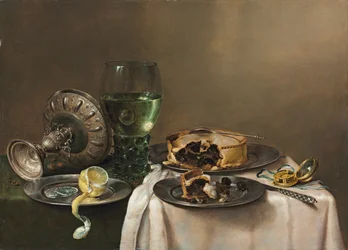 Okázalé zátiší s römerem, převrácenou stříbrnou tazzou, napůl oloupaným citronem na cínovém talíři, koláčem, hodinami a nožem, 1631