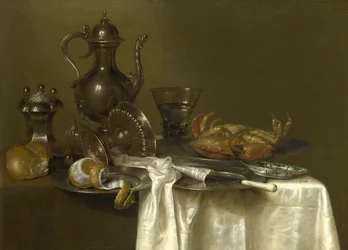 Zátiší: Cín, stříbrné nádoby a krab, asi 1636