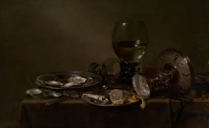 Zátiší s ústřicemi, stříbrnou tazzou a skleněným nádobím, 1635