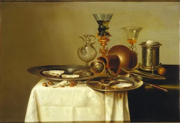 Zátiší s roemerem na zlaceném podstavci, kamenina a ústřice, 1637.